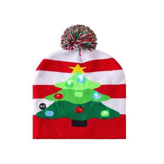 Knitting Hat with LED Lights Santa Claus Deer Christmas Tree Pattern Winter Illuminated Hat Festive Atmosphere Accessory