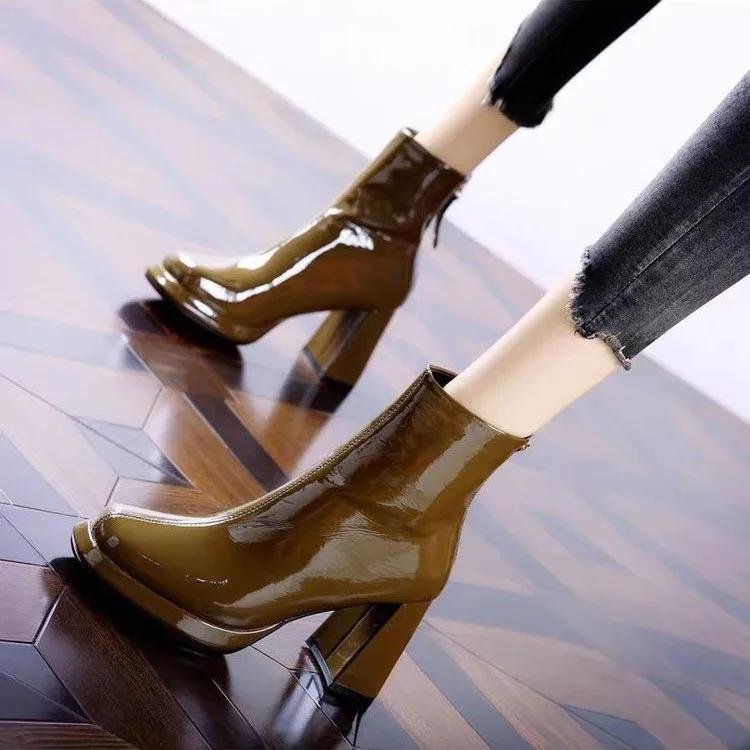 Ботильоны на платформе с высоким каблуком, женские туфли с квадратным носком, челси, глянцевая кожа, зима, снег 2024, тренд, роскошь, вечеринка, Botas Mujer