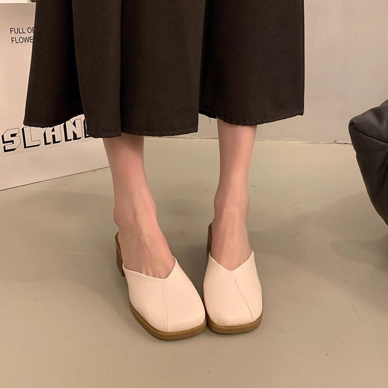 Baotou Half Slippers Women's Autumn Wear New Low-heeled Women's Shoes French Versatile One-pedal Square Head Single Shoes