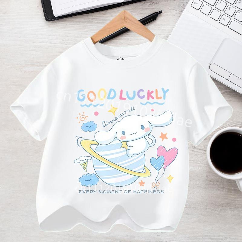 Летняя повседневная одежда 2026 Kawaii Подарок Милый Киннаморолл Девочка Футболка Хлопок Аниме Принт Футболка Детская с коротким рукавом Уличная одежда