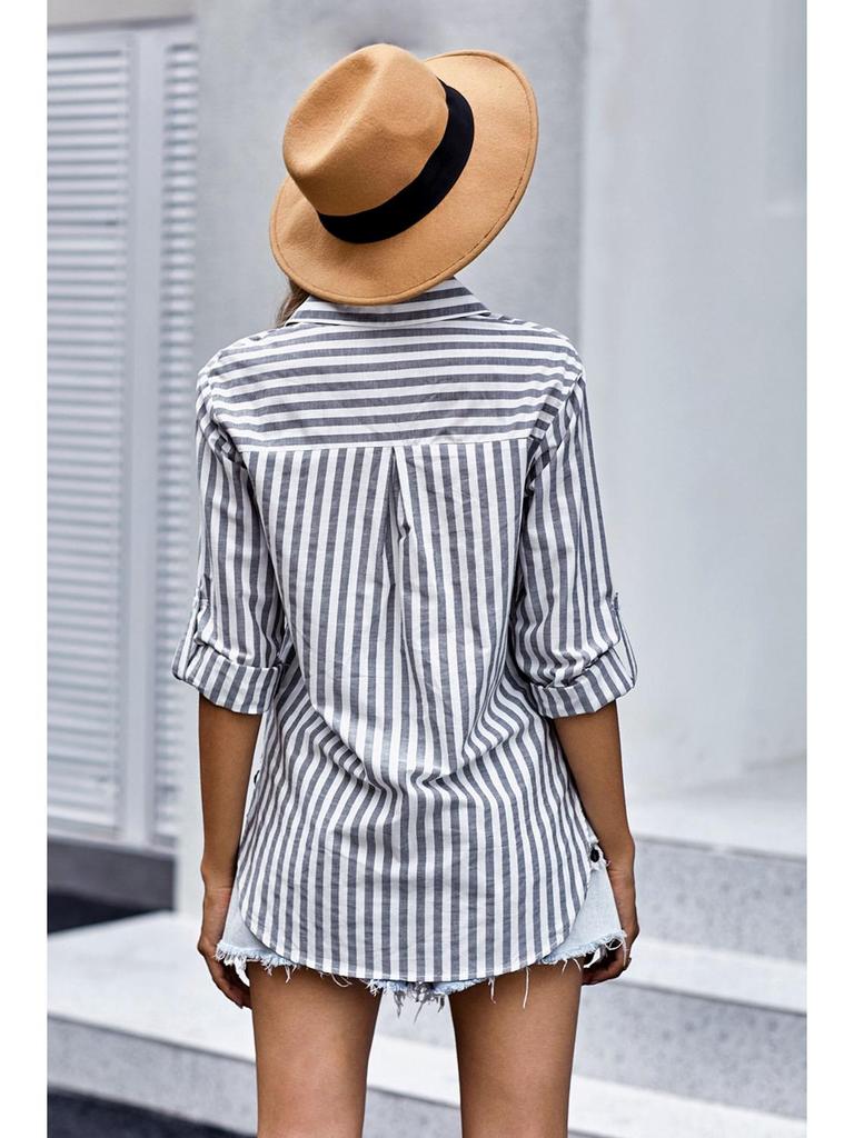 2024 Spring/Summer Women's Striped Cotton-Polyester Long-Sleeve Shirt