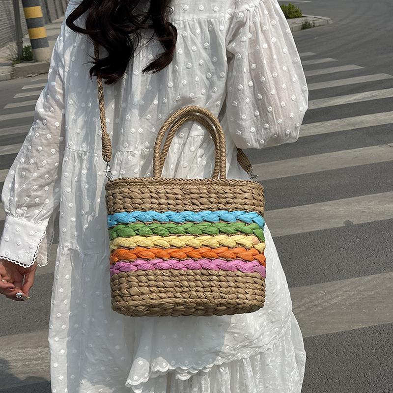 Плетеные сумки-корзины радужного цвета для женщин, большие ремесленные соломенные пляжные сумки, сумка через плечо