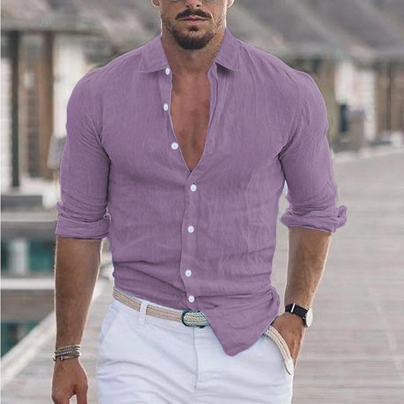 Fashion Men's Shirts Summer Cotton Linen Lapel Beach Shirt Long-sleeved Solid-coloured Shirts Casual Versatile Tops