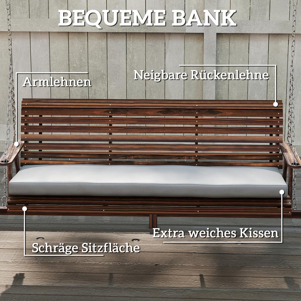 3 Seater Garden Swing Seat, Wooden Swing Chair Bench with Cushion, Side Trays and Metal Chains, for Outdoor Porch Patio, Carbonised Brown