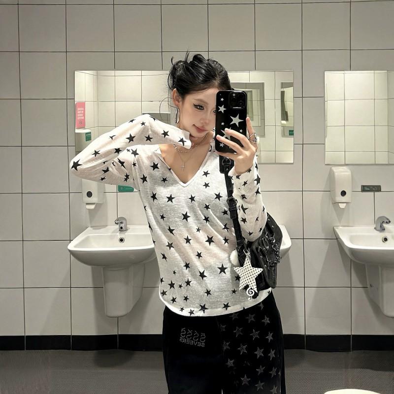 Womens Star Print V-Neck Long Sleeve T-Shirt Slim Fit Sheer Sun Protection Top Streetwear