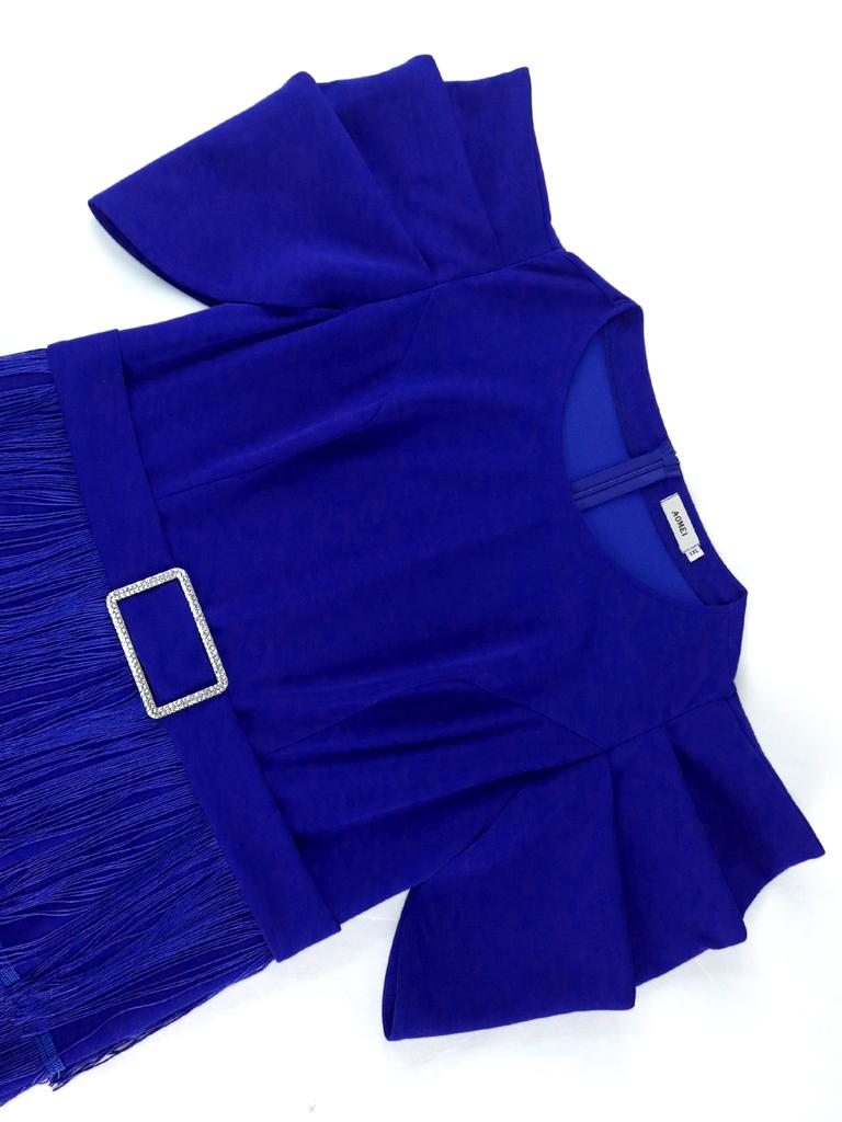 AOMEI Королевский синий кисточкой платья женские О-образный вырез оборки рукава высокая талия бахрома многослойные миди вечерние платья платье