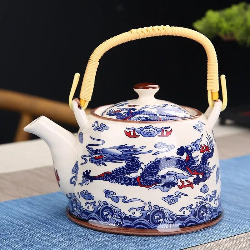 Бытовой фарфоровый чайник, керамический большой вместительный горшок для прохладной воды, большой синий и белый фарфоровый горшок с петлевой ручкой в ​​стиле ретро