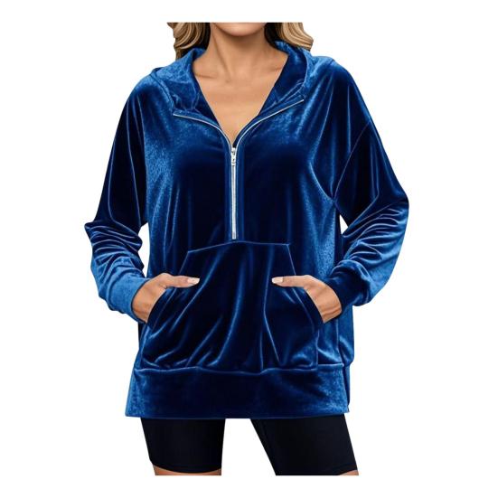 Бархатная толстовка с капюшоном для женщин, оверсайз, с длинным рукавом, на молнии, повседневная велюровая куртка на осень с карманами