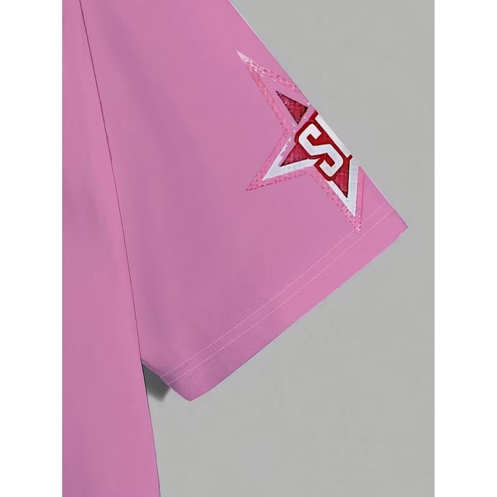 Pink racing trend, cool and sporty, perfect for summer women's casual round neck short-sleeved tops