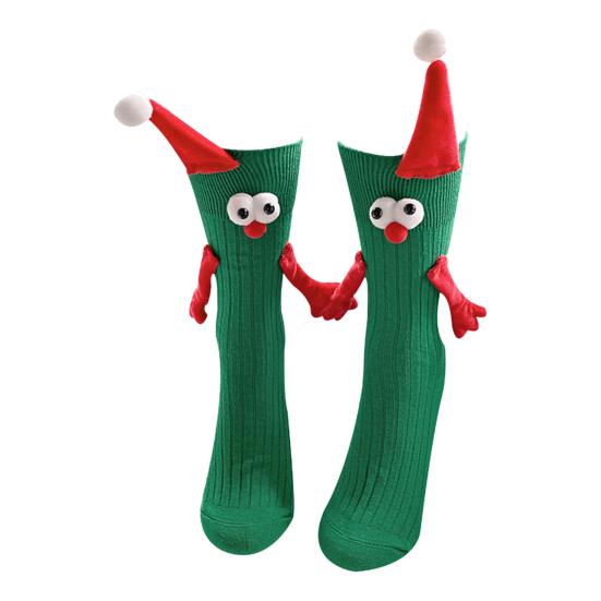 1 Pair Christmas Couple Socks Cartoon Shape Magnetic Hand-linking Festive Mid-tube Thick Warm Anti-slip