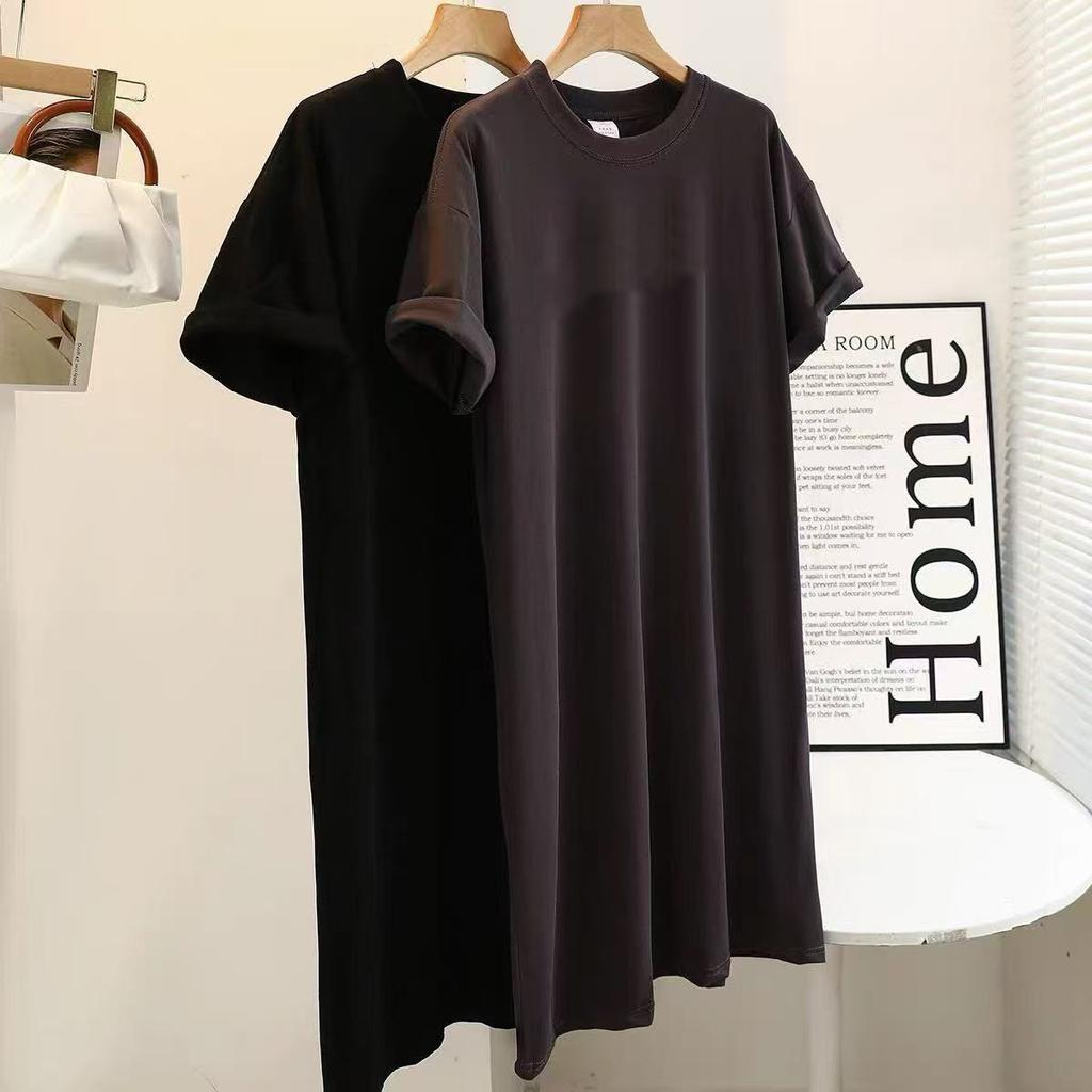 A Large-sized Short-sleeved Casual Dress for Women In Summer, A New Loose Solid Color Mid-length Over-the-knee Slit T-shirt Dress