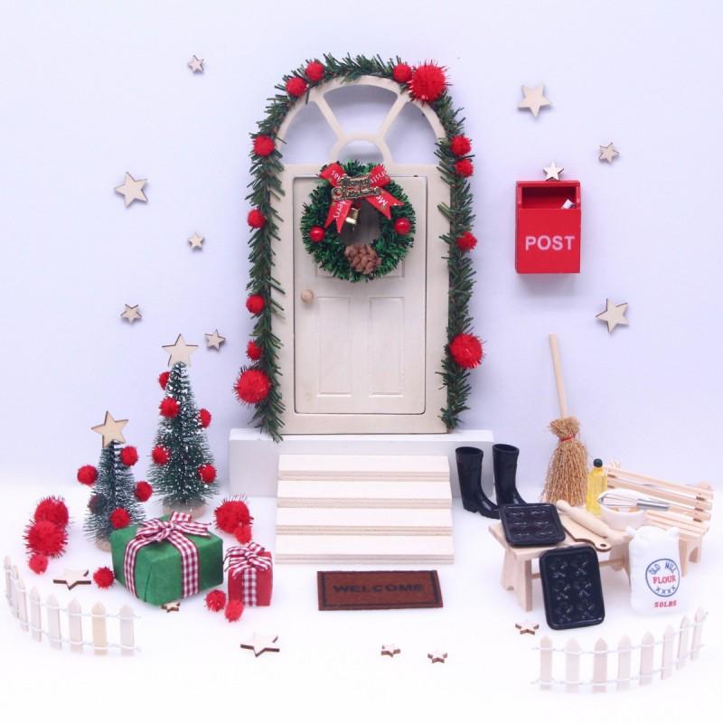 Miniature Dollhouse Christmas Entry Set Wooden Round Door With Opening Mechanism Tiny Kitchenware Accessories Kids 7-14