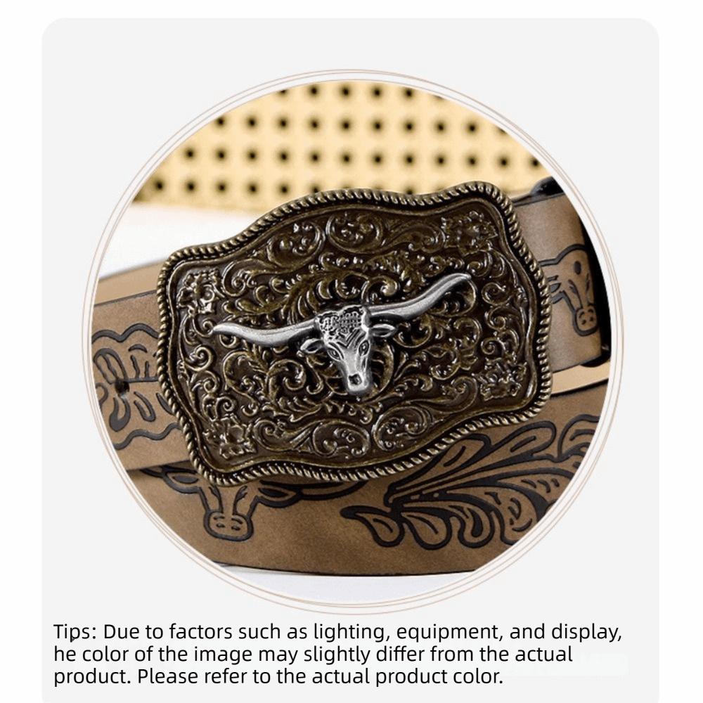 Retro Western Cowboy Belt Cow Head Buckle Waistband Trendy Embossed Belt For Man Women