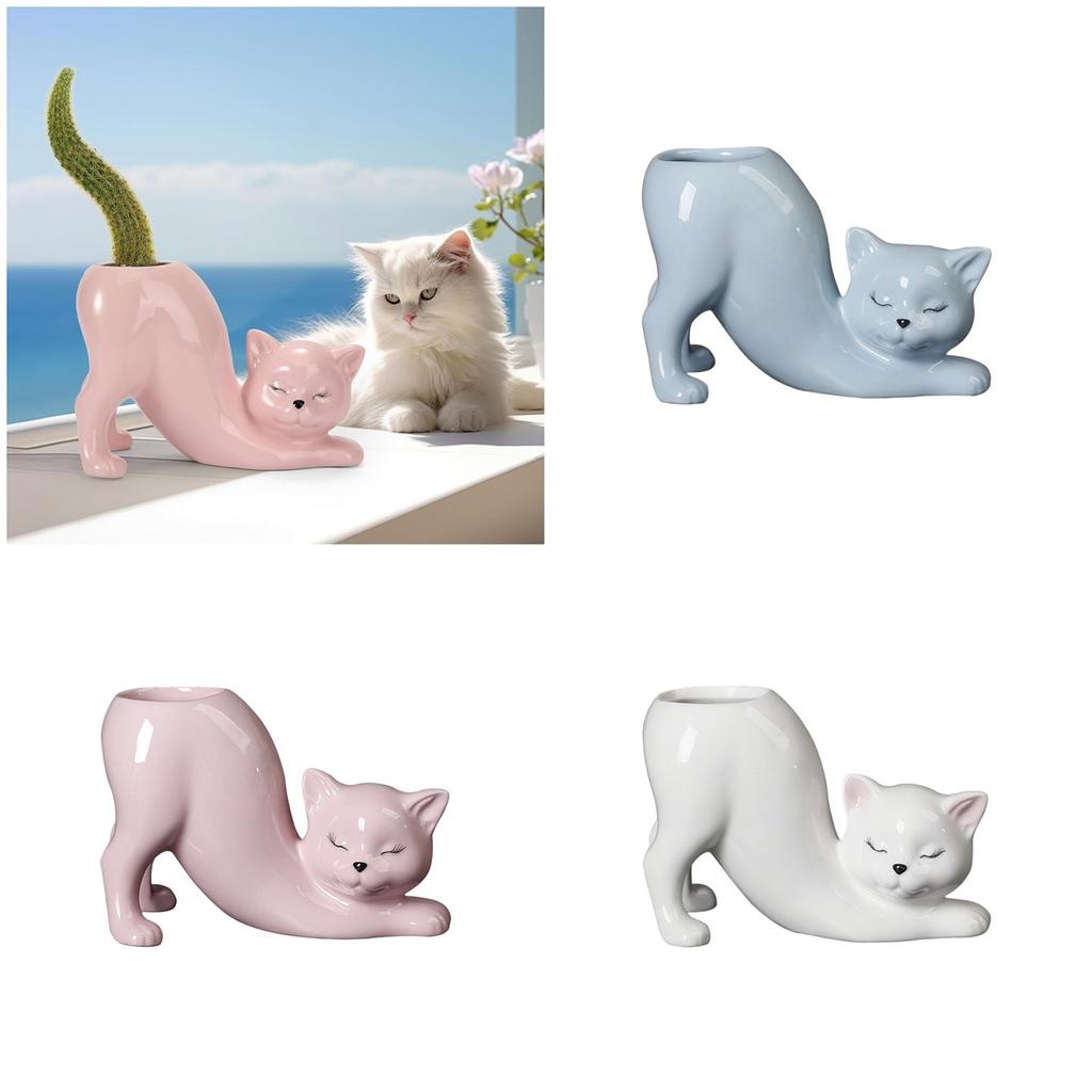 Ceramic Fleshy Plant Pot Cat Planter Plant Flowerpot Ornament for Fleshy Plant Cactuses Container for Home Balcony