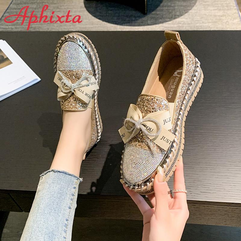Fashion Aphixta 2025 New Luxury Crystals Bowknot Sequined Flat With Platform Shoes Loafers Couple Woman Fashion Shoes Plus Size 44