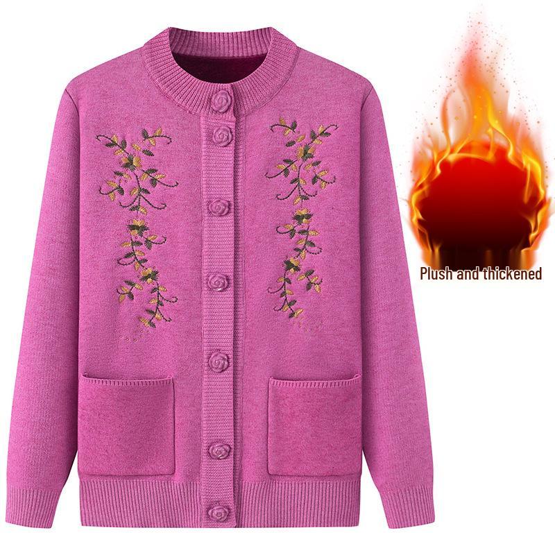Женский кардиган с плюшевой подкладкой - Весенне-осенний вязаный свитер для женщин среднего и пожилого возраста