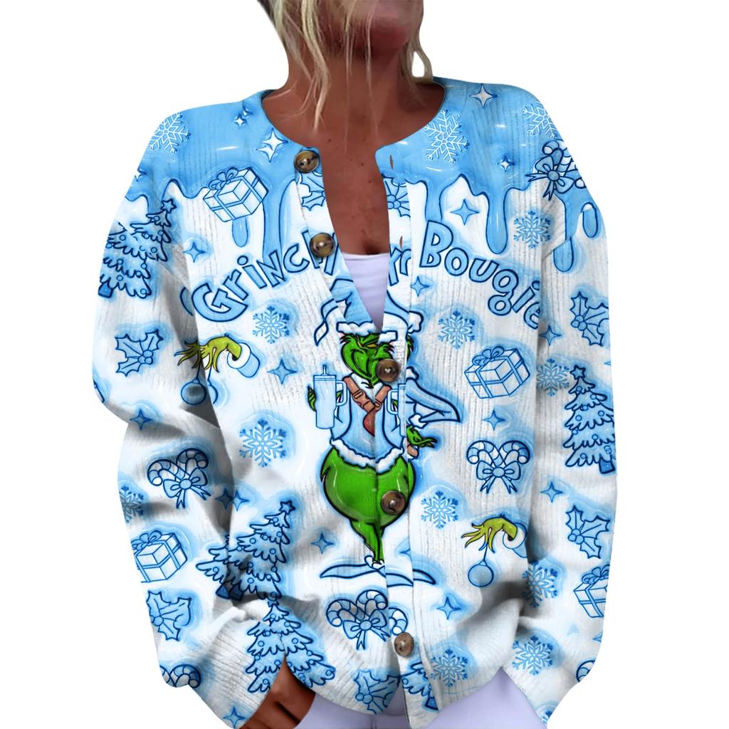 Women's Fashion Christmas Printed Long Sleeve Knitted Cardigan Button Down Jacket