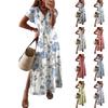 Женское летнее цветочное платье с коротким рукавом, пляжное платье с карманами, повседневное платье-футболка с V-образным вырезом и разрезом, длинное платье для путешествий и отпуска
