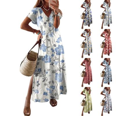 Женское летнее цветочное платье с коротким рукавом, пляжное платье с карманами, повседневное платье-футболка с V-образным вырезом и разрезом, длинное платье для путешествий и отпуска