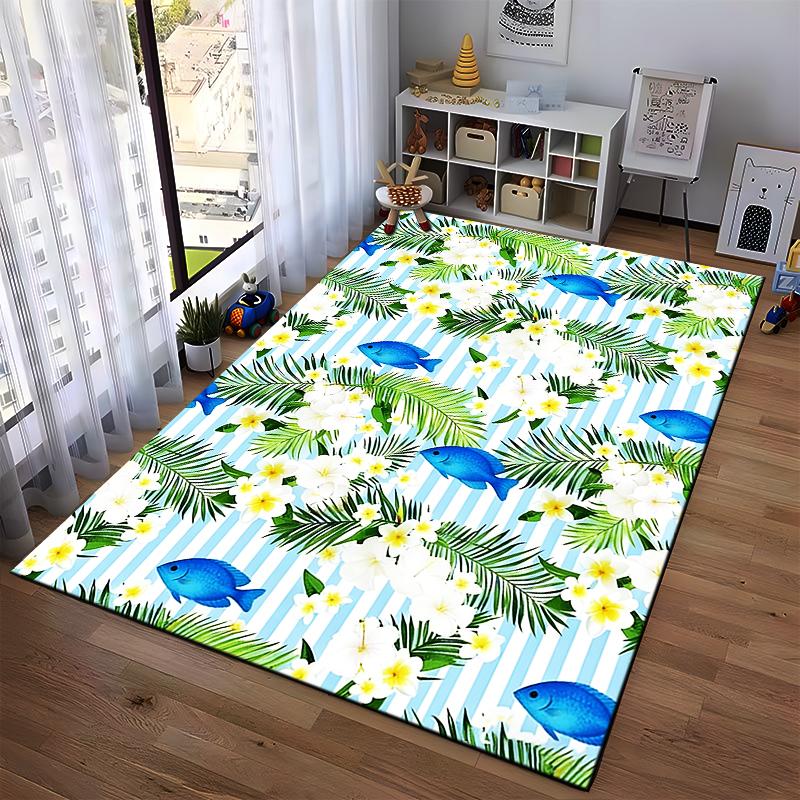 Tropical Blue Fish and Floral Pattern Carpet with Green Palm Leaves Suitable for use as an anti-slip for living room bedroom sofas