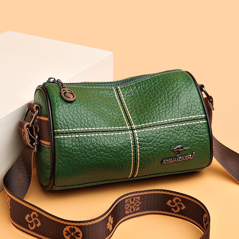 Head Layer Cowhide Women's Shoulder Bag, Casual Splicing Leather Crossbody Bag, Wide Shoulder Strap Embroidered Thread Cylindrical Bag