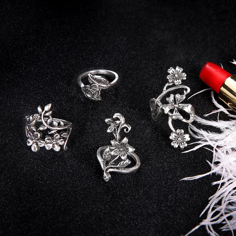 4 шт./комплект Античный серебряный цвет Винтажный набор колец в стиле бохо Кольца с цветами розы для женщин Шарм Цветочный кольцо-костяшка в стиле бохо