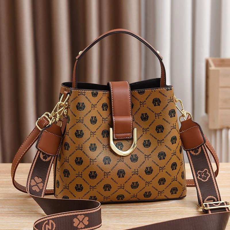 Stylish Vintage Ladies Bucket Bag With Floral Print In Coffee Beige And Earthy Yellow Colors