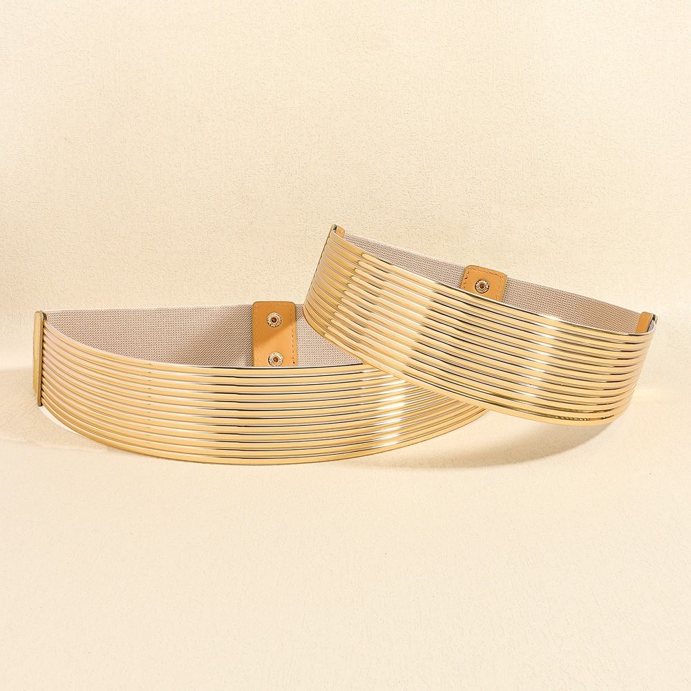 Fashion Gold Waist Belt Elastic Bright Buttoning Belt Wide Dress Belt for Women