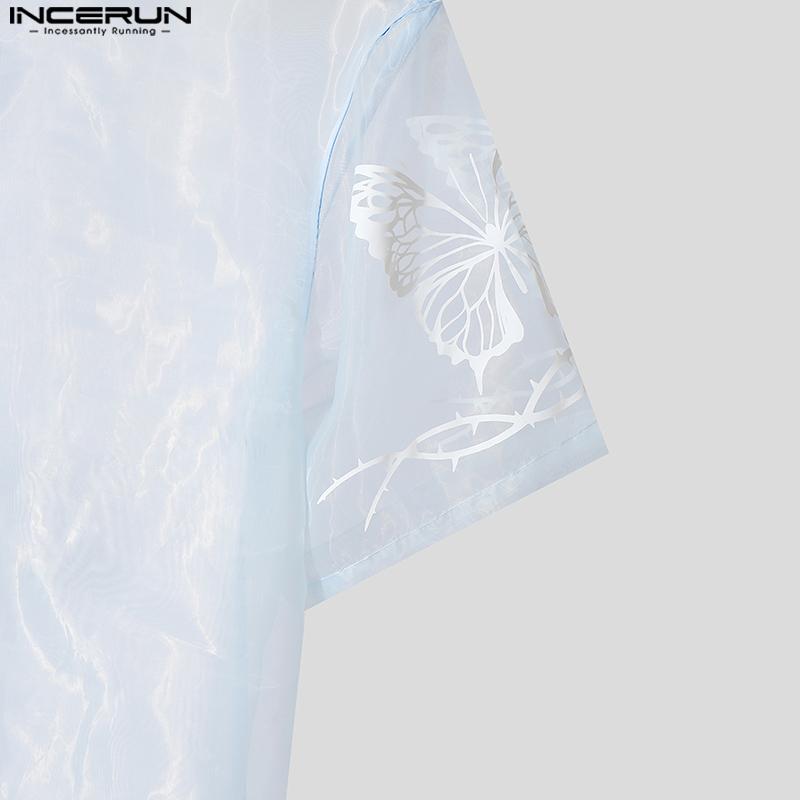 INCERUN Мужские летние футболки с коротким рукавом из сетки и блестками для пляжа