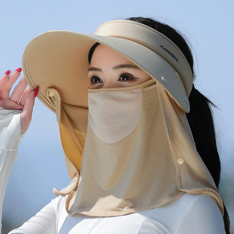 Sunscreen mask, mask, hat, integrated neck protection, sun hat, women's face covering, large brim, empty top, cycling ice silk sun hat