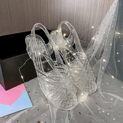 Сандалии для женщин на низком каблуке, обувь из пластика, женская обувь, хрустальная, лето 2024, желе, ПВХ, тренд, Корея, предложение, повседневная обувь