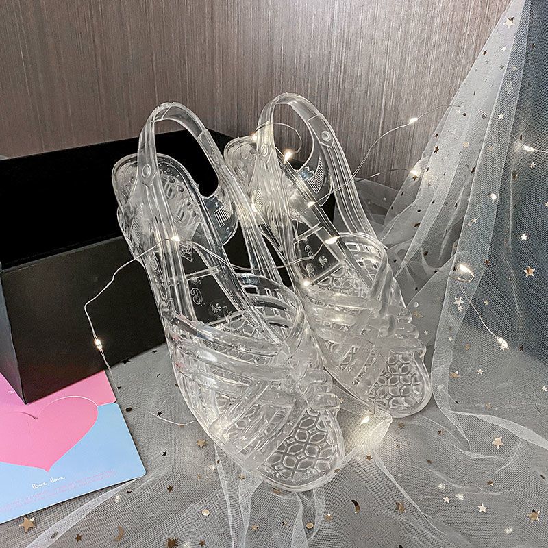 Sandals for Women with Low Heels Footwear Plastic Ladies Shoes Crystal Summer 2024 Outdoor Jelly Pvc Trend Korea On Offer Casual