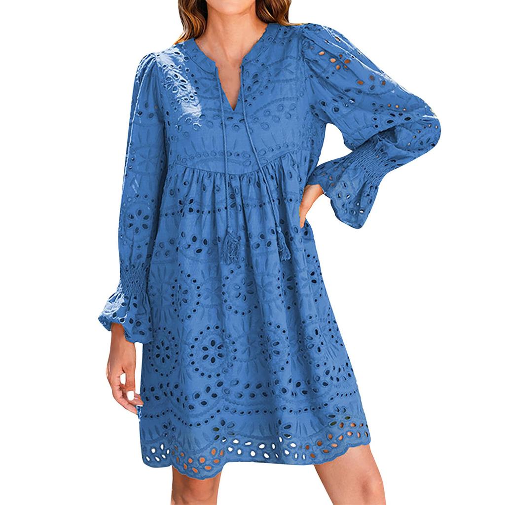 Женские модные кружевные повседневные платья с длинным рукавом и V-образным вырезом
