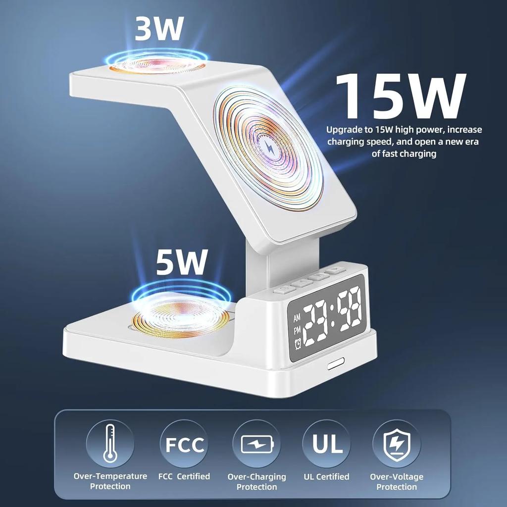 4-в-1 магнитное беспроводное зарядное устройство Magsafe для iPhone 16 15 14 13 12 часов AirPods Pro будильник быстрая зарядная станция