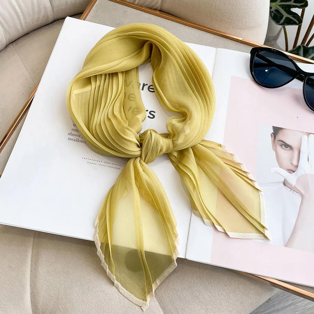 Women Pleated Satin Solid Scarf Headscarf Neckerchief Square Shawl Hair Tie Band HandKerchief Satin Foulard Scarves Decorative