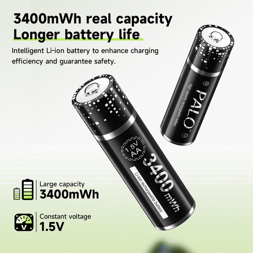 PALO Аккумуляторные литиевые батарейки AA 1,5 В 3400 мВт·ч 1,5 В литий-ионные батарейки AA Интеллектуальный зарядный бокс с дата-кабелем TYPE-C