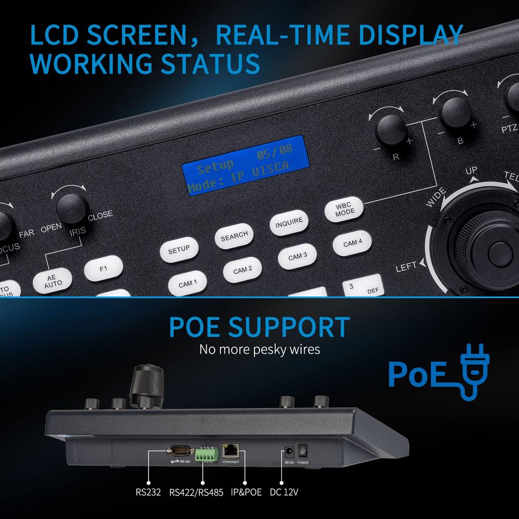 FEELWORLD KBC10 PTZ Camera Controller LCD Screen with Joystick and Keyboard Control PoE Supported for Live Streaming Church Conference