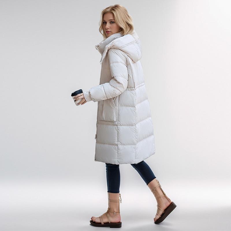 Пальто из хлопка с перьями, женская длинная зимняя утолщенная свободная куртка выше колена с капюшоном