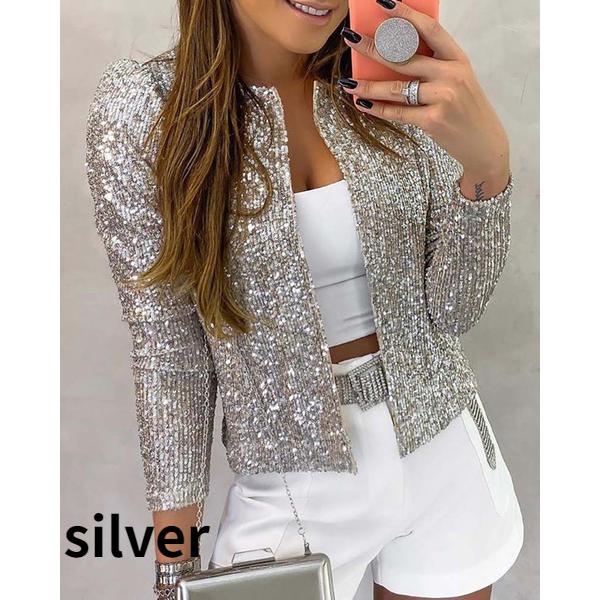 Women Casual Long Sleeve Blazer Suit Open Front Sequin Coat Female Jacket Sequin Pearls Cardigan Coats O-Neck Outerwear Ladies Woman Black Silver
