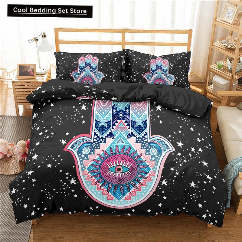Comforter Hamsa Hand King Queen Gold Lucky Hand Of Fatima Bedding Set Black Boho Hippie Polyester Comforter