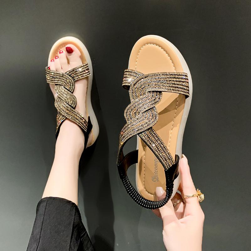 Мода 2024 Лето Сандалии со стразами Модные женские туфли на плоской подошве Повседневные сандалии на платформе Кристальные блестящие танкетки С открытым носком Пляжные шлепанцы