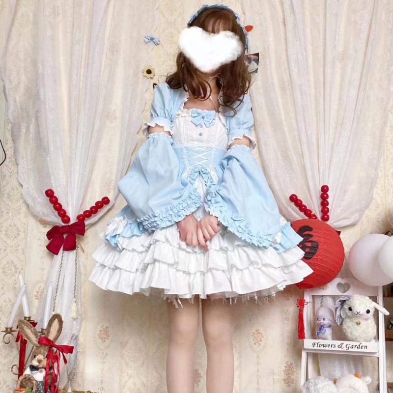 Vintage Lolita Dress Women Gothic Y2k Puff Short Sleeve Laminated Flounces Mini Dresses Bow Ruffles Princess Vestidos