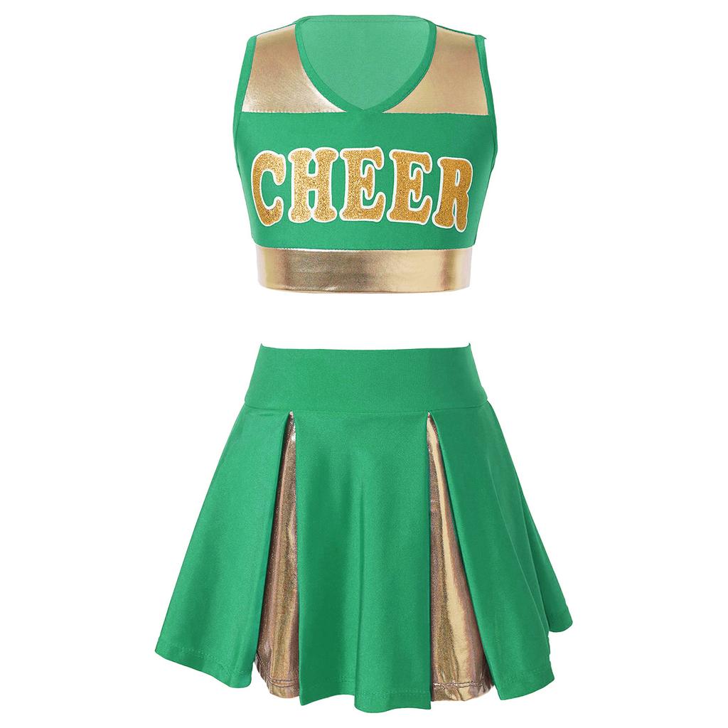 Girls Cheerleading Uniform Letter Print Tank Top with Pleated Skirt Set Cheer Leader Halloween Fancy Dress Costume