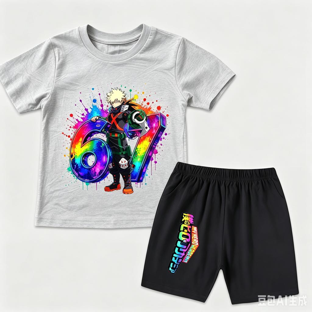 My Hero Academia Bakugo Katsuki 67 Print Kids Polyester T Shirt Shorts Set for Boys Girls Summer Outfit