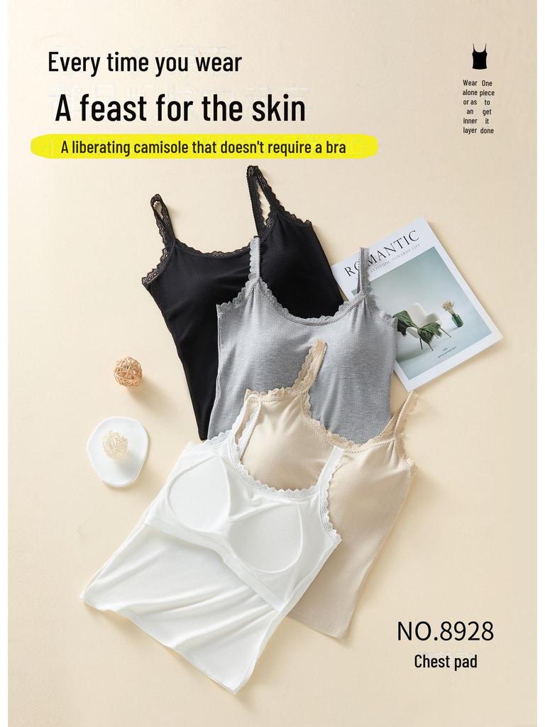 Women's Summer Lace Cotton Camisole with Chest Pads - Thin, Sexy, Versatile Top