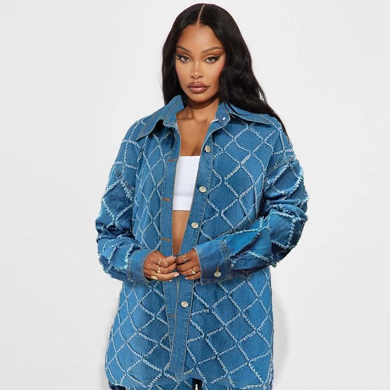 Fashion Women's Denim Tassel Checkered Cardigan Set with Shoulder Down and Long Sleeves