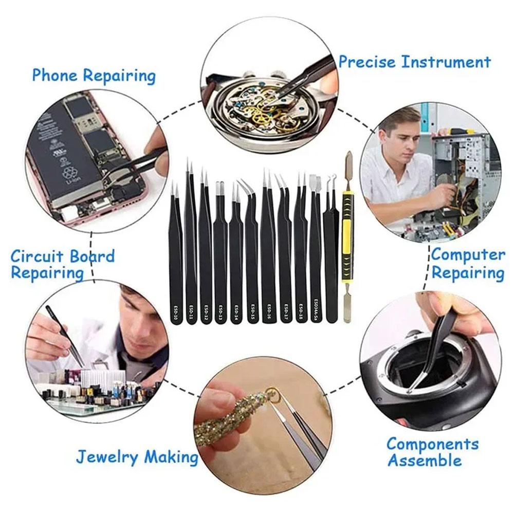 Набор из 10 прецизионных антистатических электростатических пинцетов из нержавеющей стали, инструменты для обслуживания, профессиональные электронные пинцеты