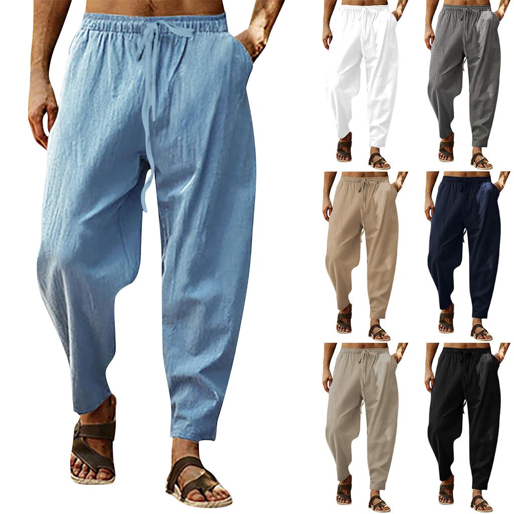 Мужские повседневные свободные и удобные повседневные брюки, хлопковые льняные брюки с пуговицами