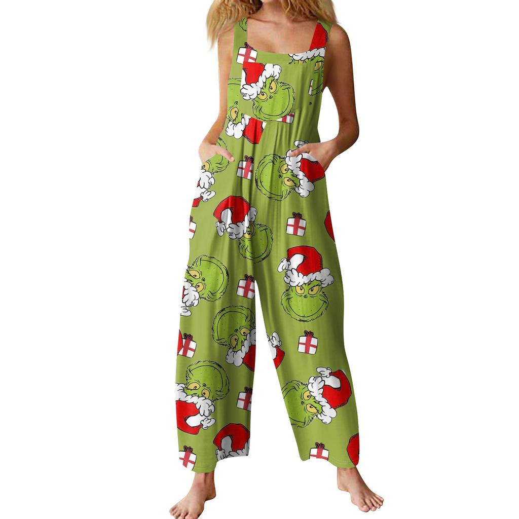 Women's Casual Loose Jumpsuit Christmas Print Wide Leg Jumpsuit Sleeveless With Pockets