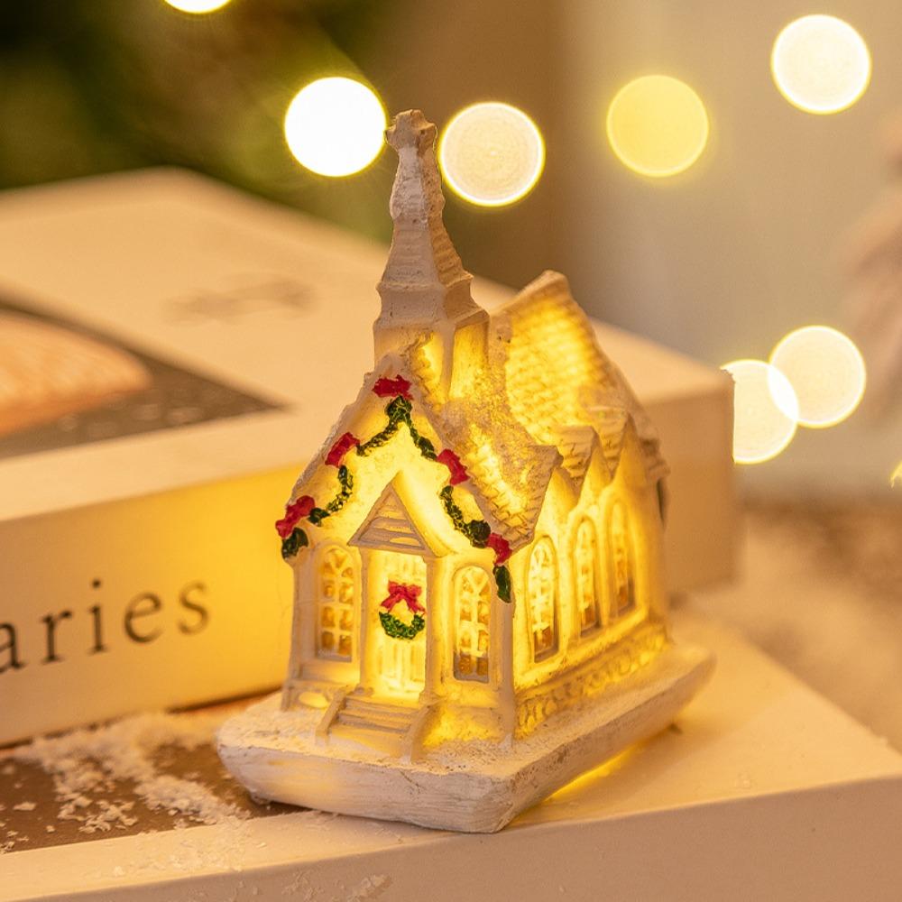 White LED Light Snow House Resin Xmas House Ornament  New Year Decoration